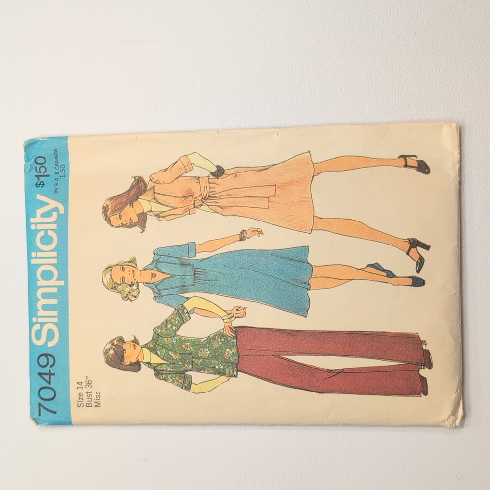 Vintage 1975 Simplicity Pattern 7049 Size 14,  Bust 36" Dress Or Top & Pants